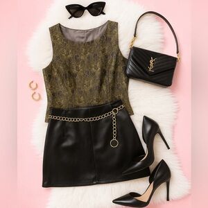 Crimson By Lawrence Kurt Gold Floral Leaf Lace Gray Vest Top, 12/L (Shirt only)